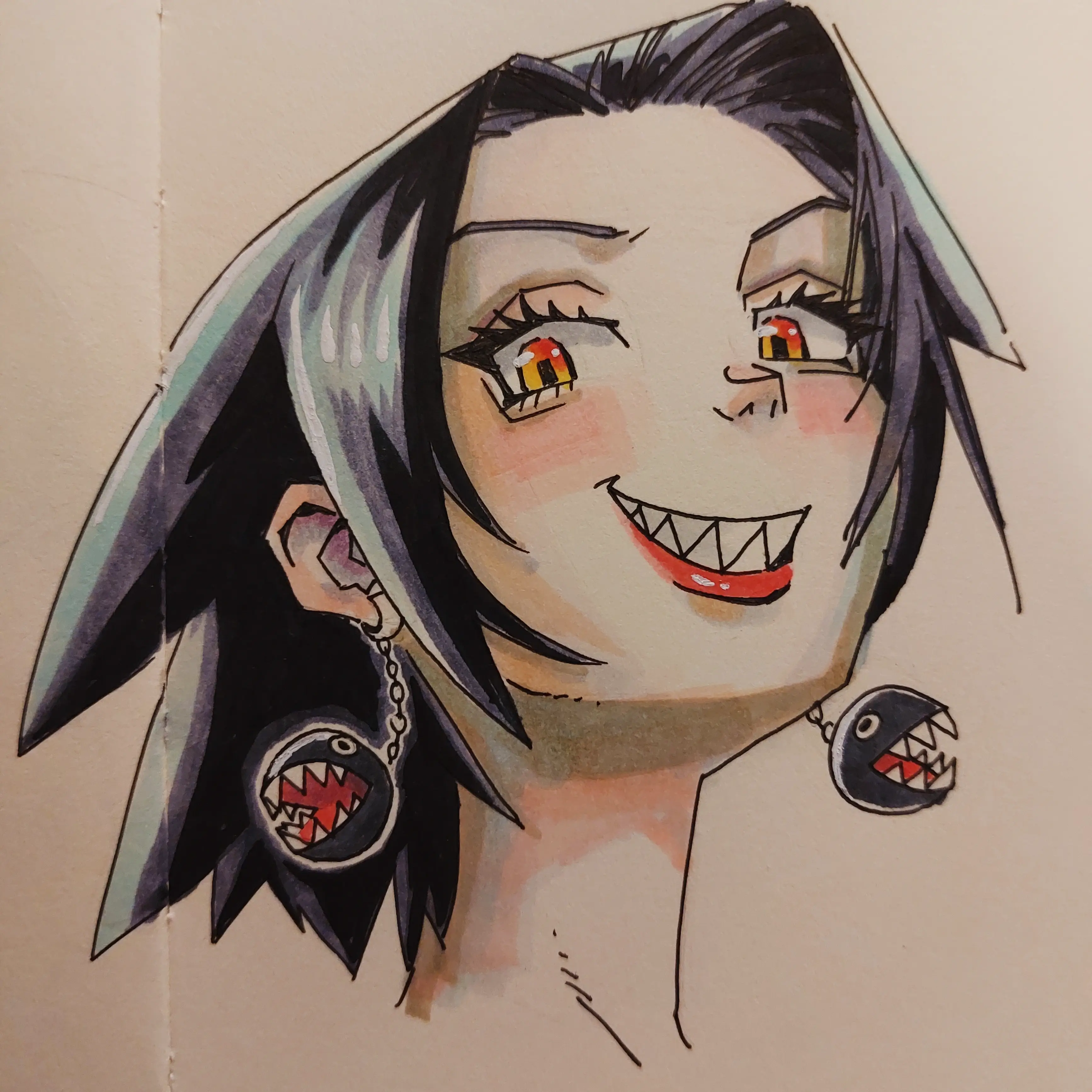 drawing of a girl with chain chomp earrings.